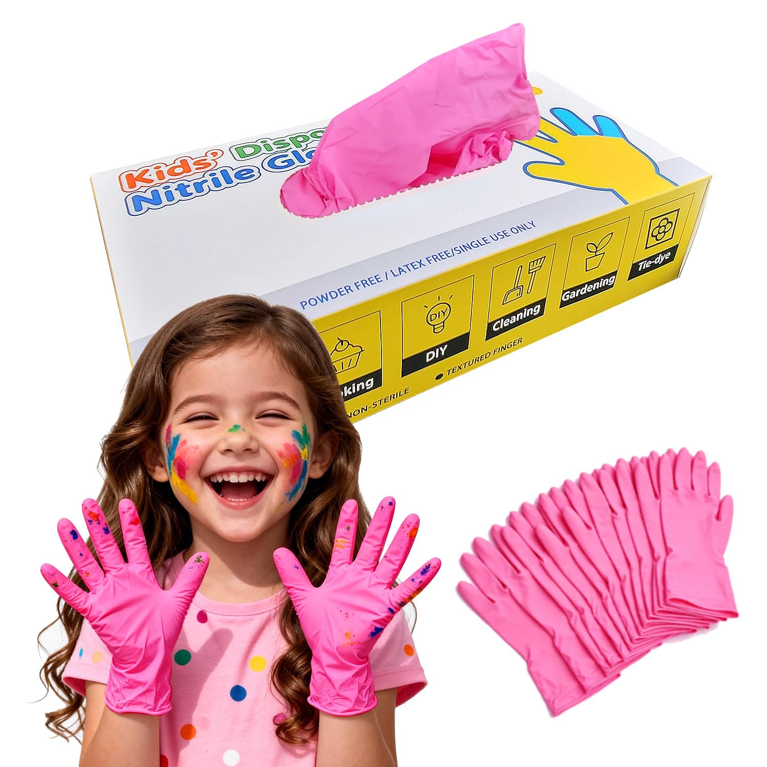 AYUMAT Kids Disposable Gloves for 6-10 Years,Pink Nitrile Gloves Durable and Protective for Painting, Cleaning, Cooking, Gardening (S,100PCS)