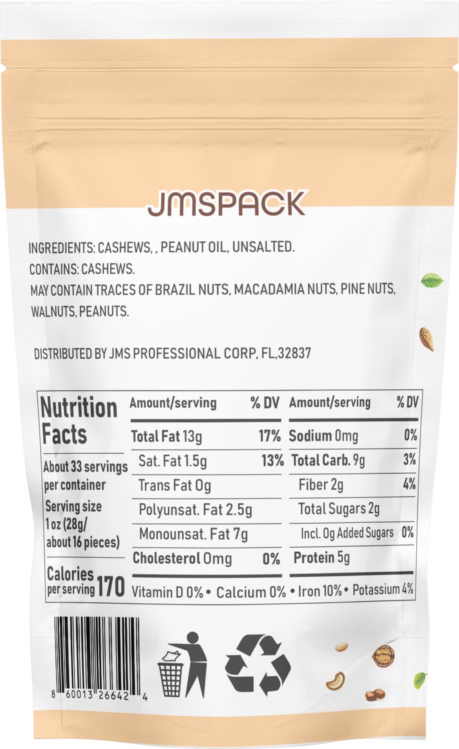JMSPACK - Whole Cashews Unsalted, 16 Ounces (1 Lb)