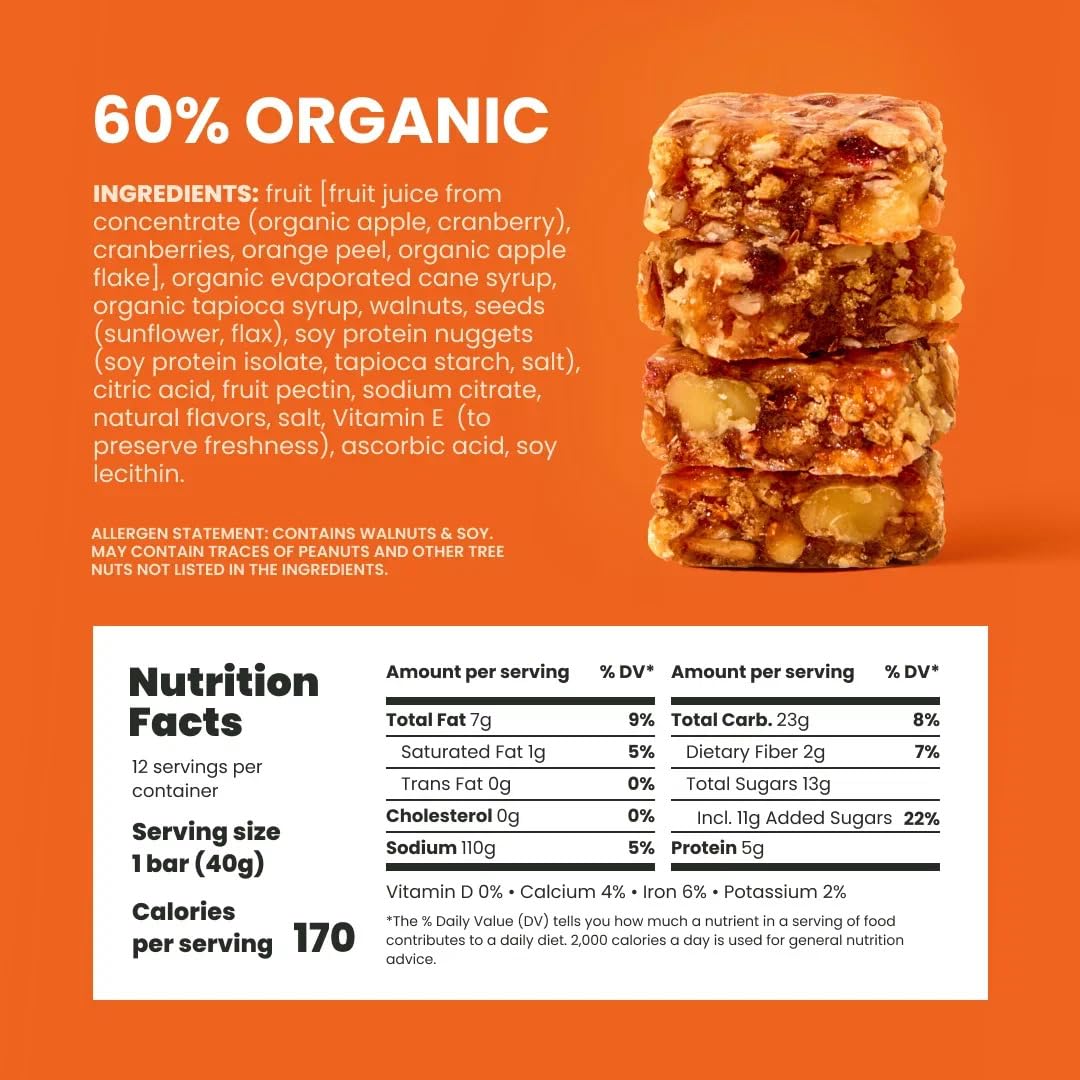 Orchard Bars Non-GMO Fruit & Nut, Cranberry Orange Walnut, 1.4 Oz, 12 Count, Pack of 9