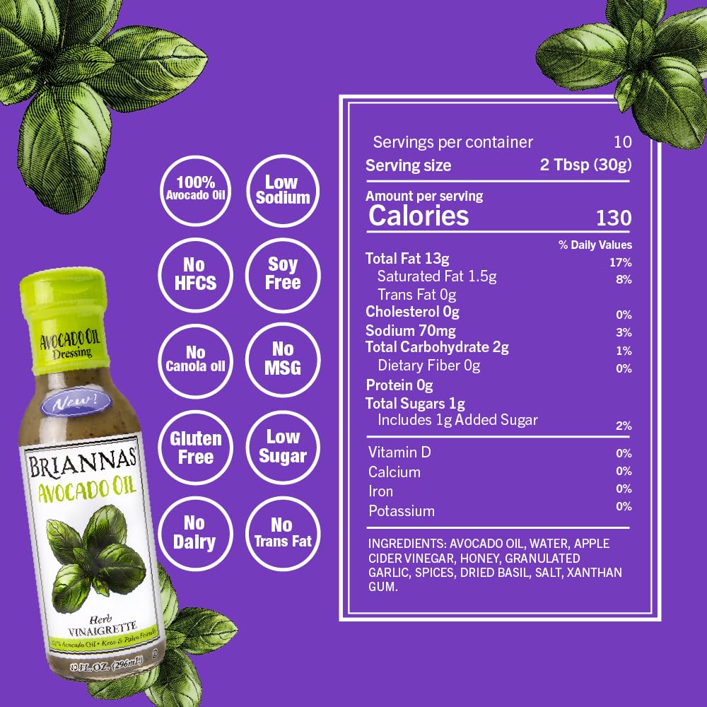 BRIANNAS - Avocado Oil Herb Vinaigrette Dressing - Nutrient Rich, Low Sodium, Keto & Paleo Friendly Salad Dressing made with 100% Avocado Oil - 10 oz