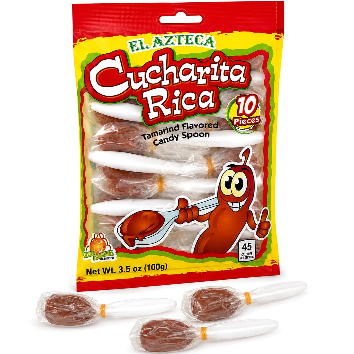El Azteca Cucharita Rica Tamarind Flavored Candy Spoon, Chili Tamarind, 10 Pieces per Bag, Pack of 26, Made in Mexico