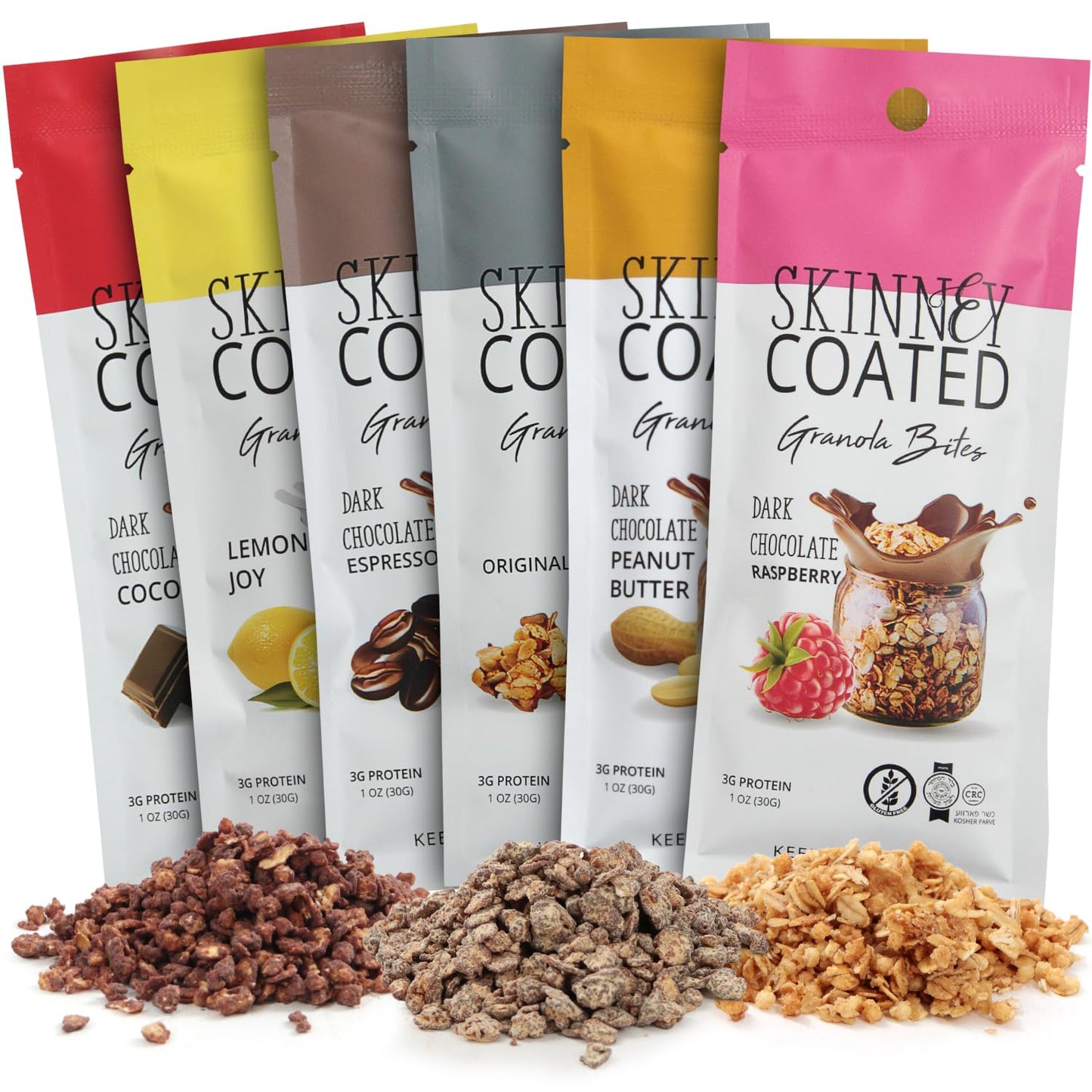Skinny Coated Dark Chocolate Granola Bites,Variety Pack - Cocoa, Espresso, Lemon Joy, Original, Peanut Butter, Raspberry. 6 bags, Each Bag is 1.2oz