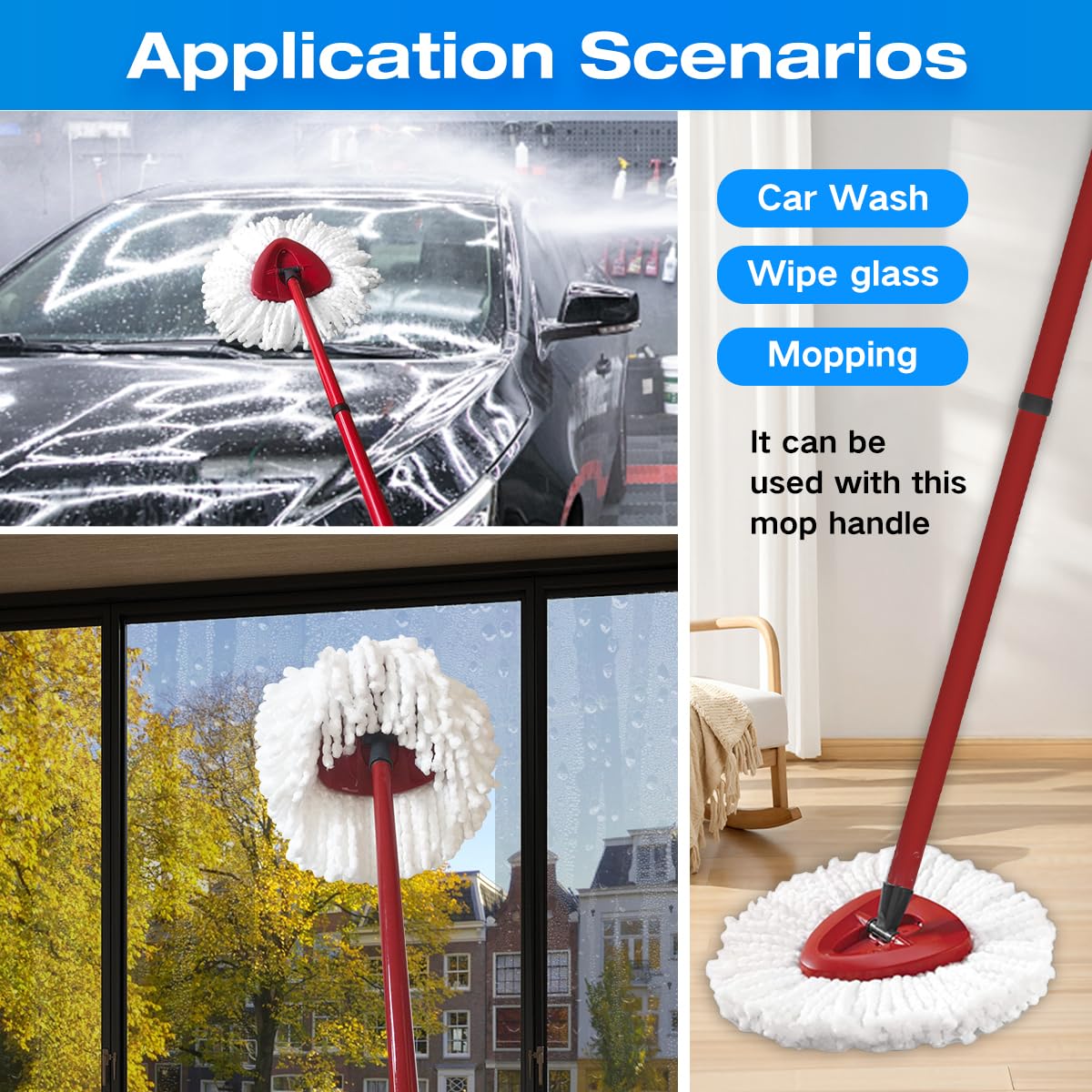 Spin Mop Handle Replacement Compatible with O-Cedar Spin Mop and Bucket, 3-Section 22" to 49" Mop Replace Handle, Mop Stick for Floor Cleaning (Bucket