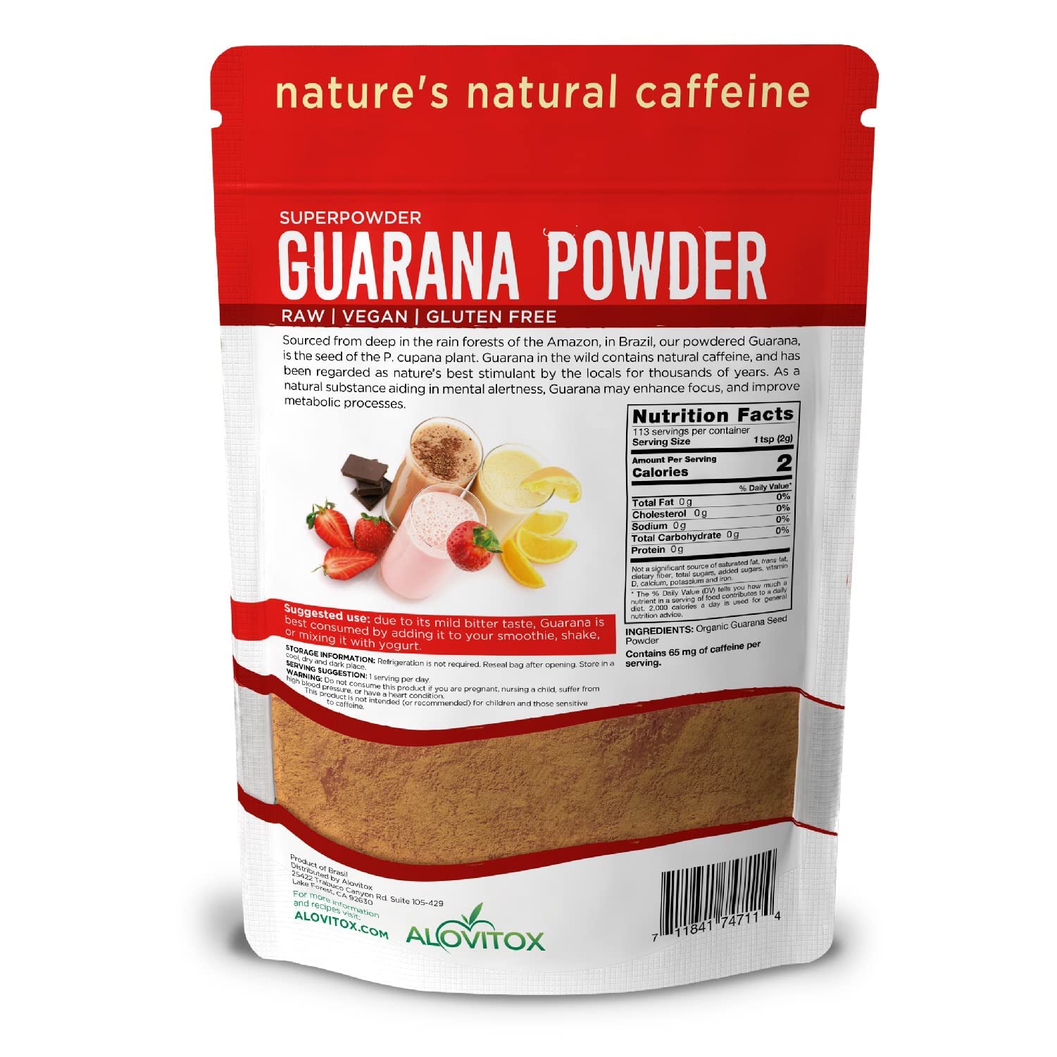 Alovitox Organic Guarana Seed Powder | Raw Guarana Seed Extract, Vegan, Non-GMO & Gluten-Free (Superfood, 65mg of Natural Caffeine per Serving)