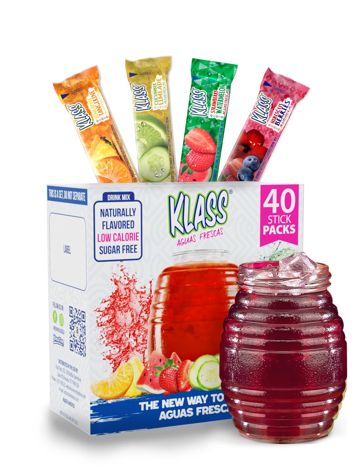 Klass Aguas Frescas, Powdered Drink Mix Variety Pack, 40 Singles Zero Sugar & Caffeine-Free Powder Packets, Water Drink Mix, Flavors: Cucumber