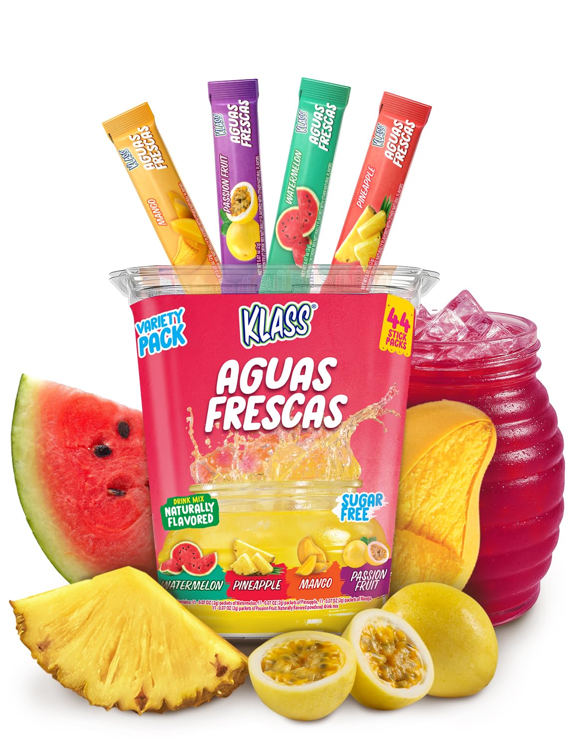 Klass Aguas Frescas, Powdered Drink Mix Variety Pack, 44 Singles Zero Sugar & Caffeine-Free Powder Packets, Water Drink Mix, Flavors: Mango