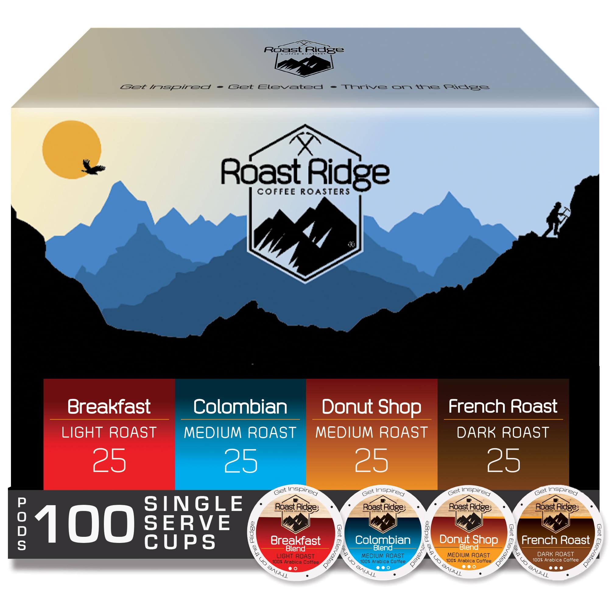 Roast Ridge Single Serve Coffee Pods for Keurig K-Cup Brewers, Variety Pack, Light Roast, Medium Roast, Dark Roast, 100 Count (25 Each: Breakfast