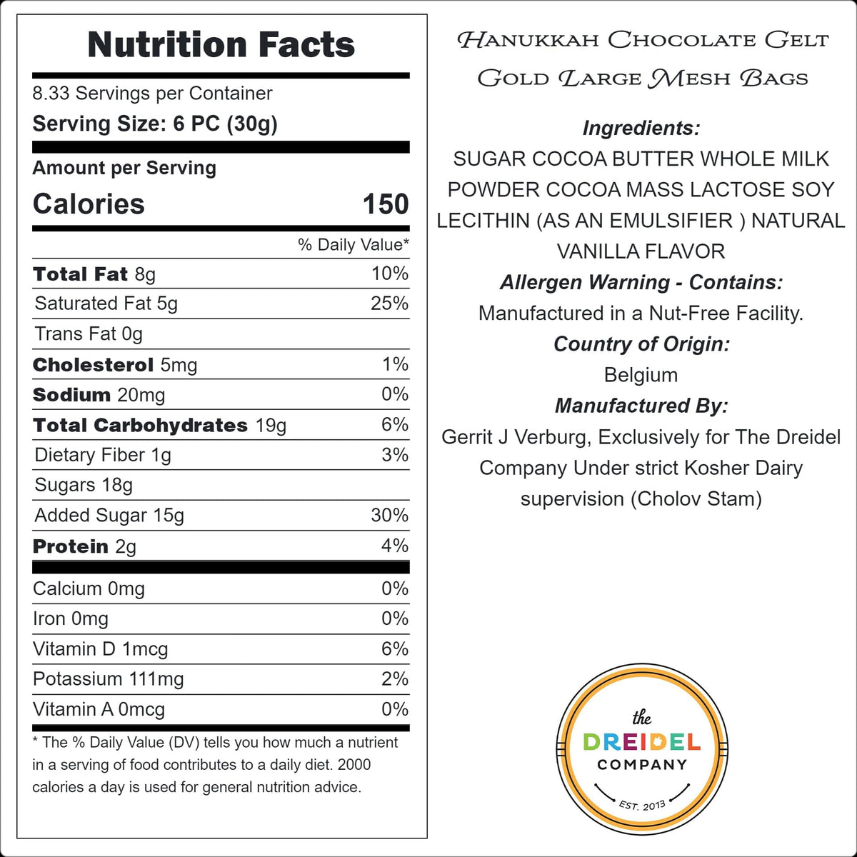 Milk Chocolate Coins, 6-Pack Large Mesh Bag With 70 Half Dollar Coins Per Bag, Made with Premium Nut-Free Belgian Chocolate, Kosher Certified Dairy