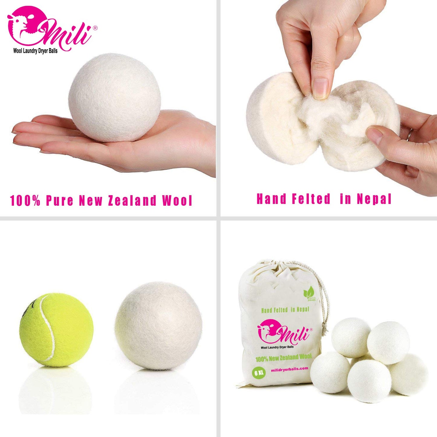 6-Pack Wool Laundry Dryer Ball by Mili Felt -Reusable Extra Large Premium Natural Fabric Softener, Reduces Clothing Wrinkles, Eco-Friendly ~ Made