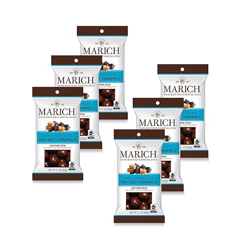 Marich Dark Chocolate Sea Salted Caramels, 2.1 oz Single Serve Bags (Pack of 6) - Delicious Snackable, Shareable and Giftable Chocolates with Real