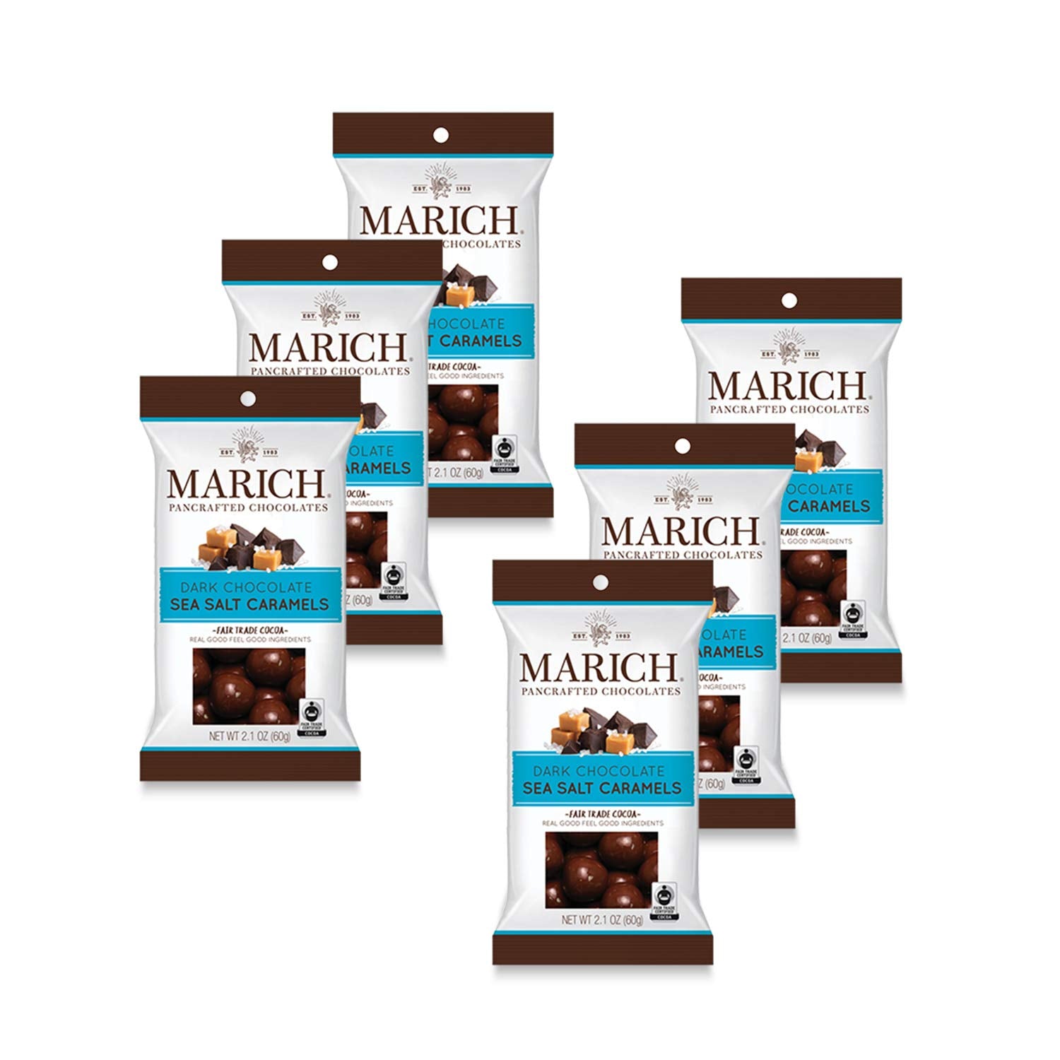 Marich Dark Chocolate Sea Salted Caramels, 2.1 oz Single Serve Bags (Pack of 6) - Delicious Snackable, Shareable and Giftable Chocolates with Real