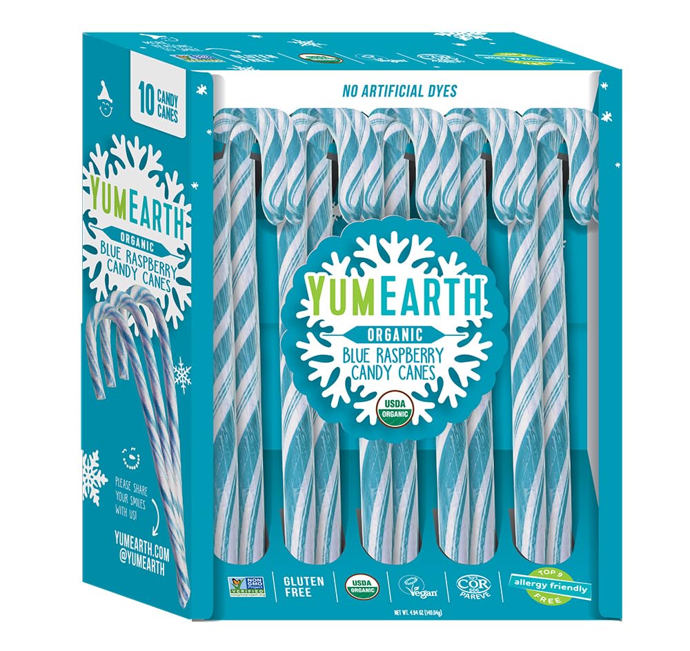 YumEarth Organic Candy Canes - Individually Wrapped Full Size Blue Raspberry Candy Canes - Dye Free, Allergy Friendly, Non GMO, Gluten Free, Vegan