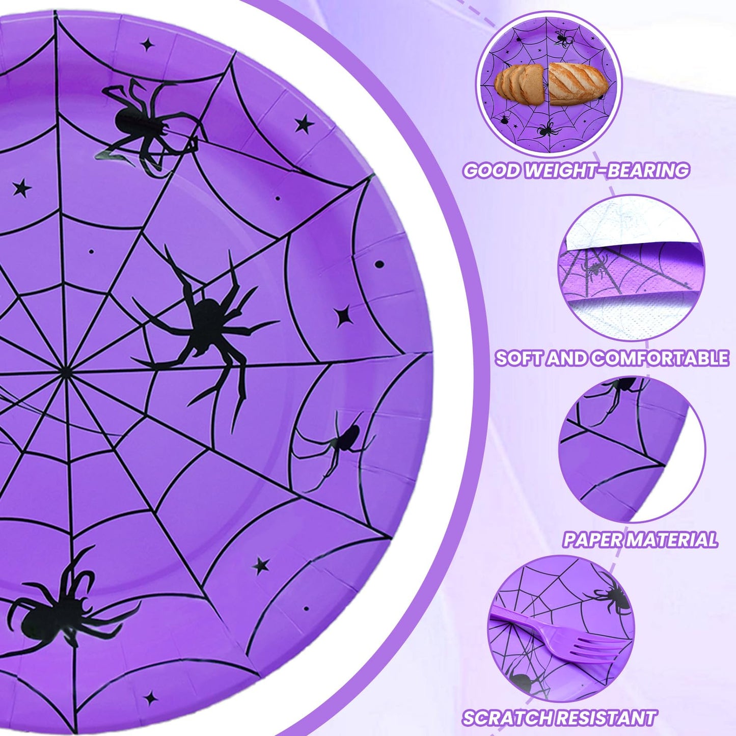 96 Pieces Halloween Spider Web Tableware Party Supplies - Disposable Dinnerware Set with Paper Plates, Napkins, and Forks for Spooky Halloween Party
