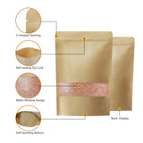 100 Pack Stand Up Pouch Bags, Kraft Pouch with Tear Notch and Matte Window, Resealable Zip Lock Food Storage Bag (Paper bags, 6.7 * 9.8 inch)