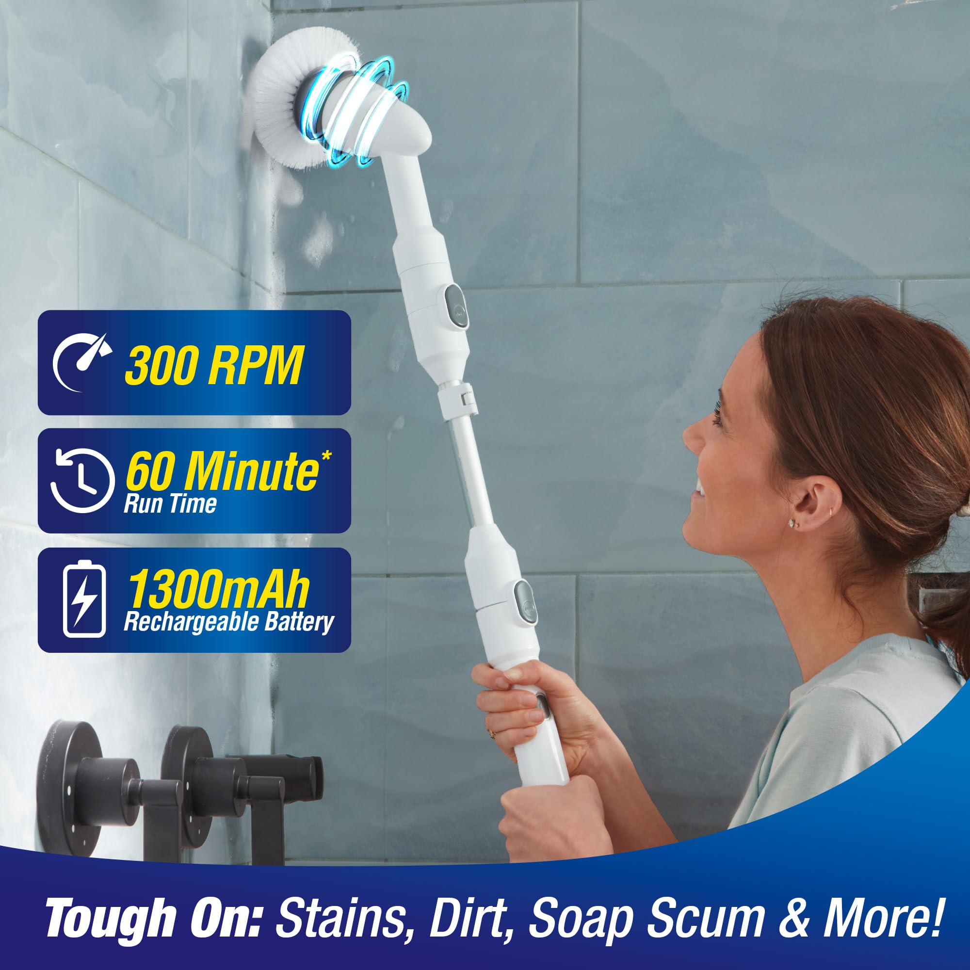 Voom Electric Spin Scrubber, Cordless Shower Spinning Brush with 2 Replaceable Brush Heads & Adjustable Handle, Rechargeable Spinning Brush