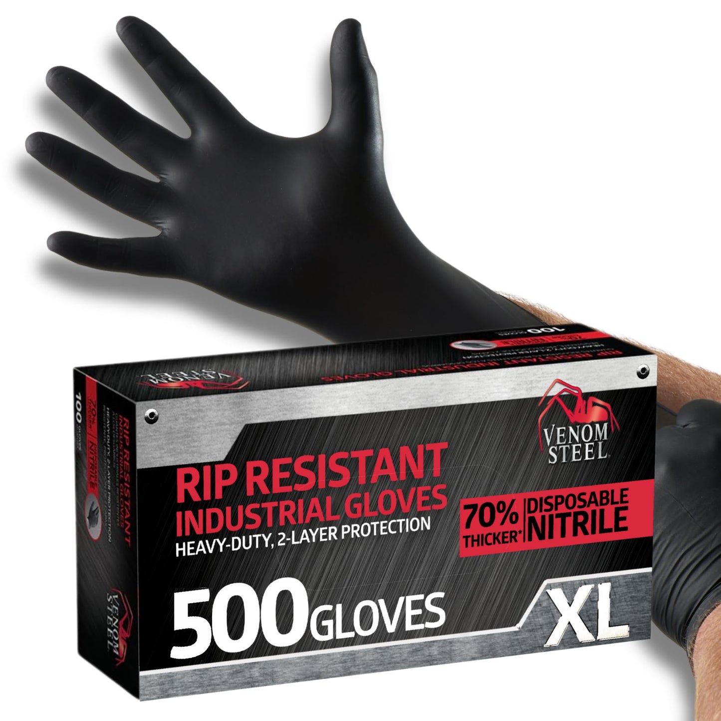 Venom Steel Nitrile Gloves, Rip Resistant Disposable Latex Free Black Gloves, 2 Layer Gloves, 6 mil Thick, X-Large (Pack of 500)