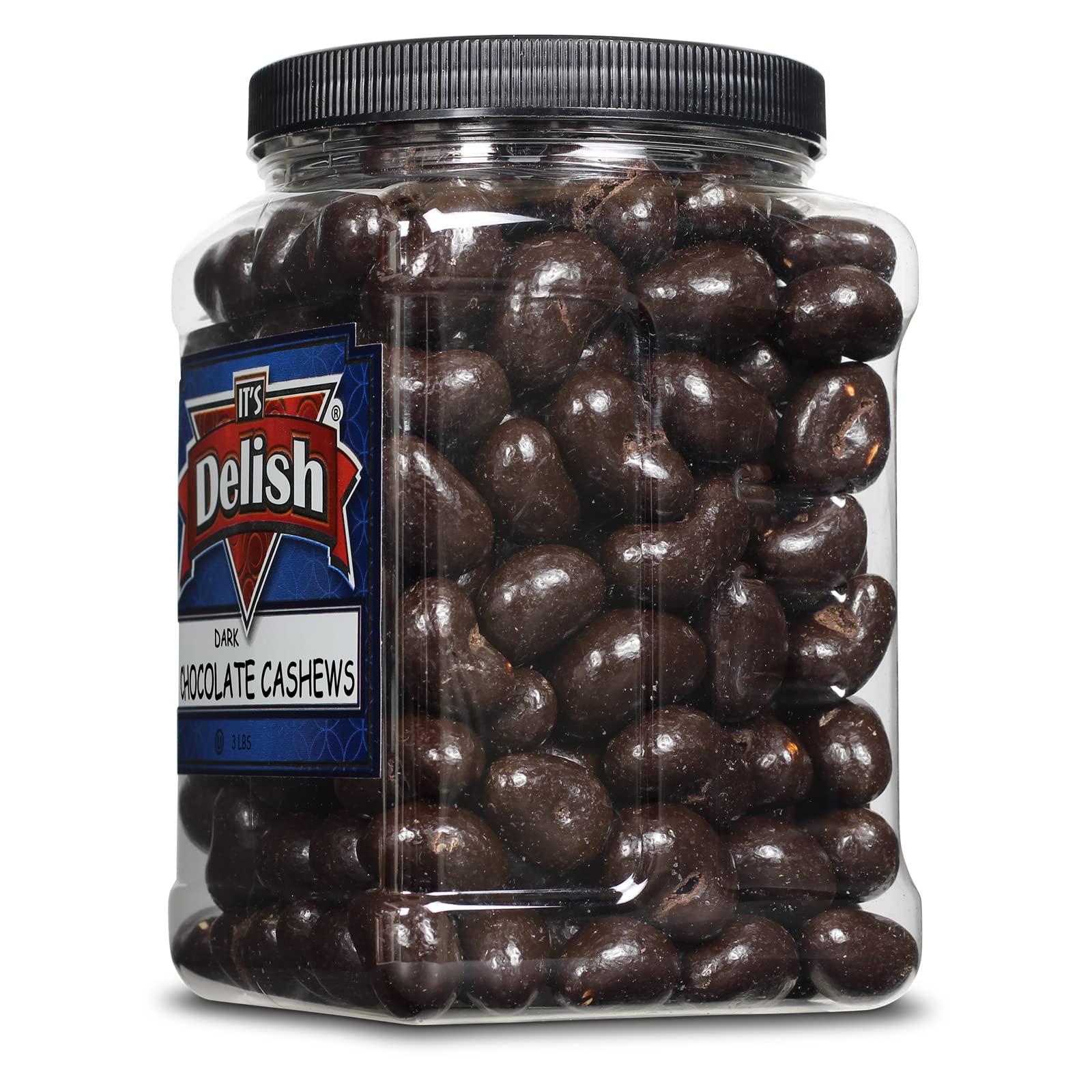 Dark Chocolate Covered Cashews by Its Delish, 3 LBS Jumbo Reusable Container (Jar) | Gourmet Dark Chocolate Cashews, Healthy Snacks Chocolate Nuts