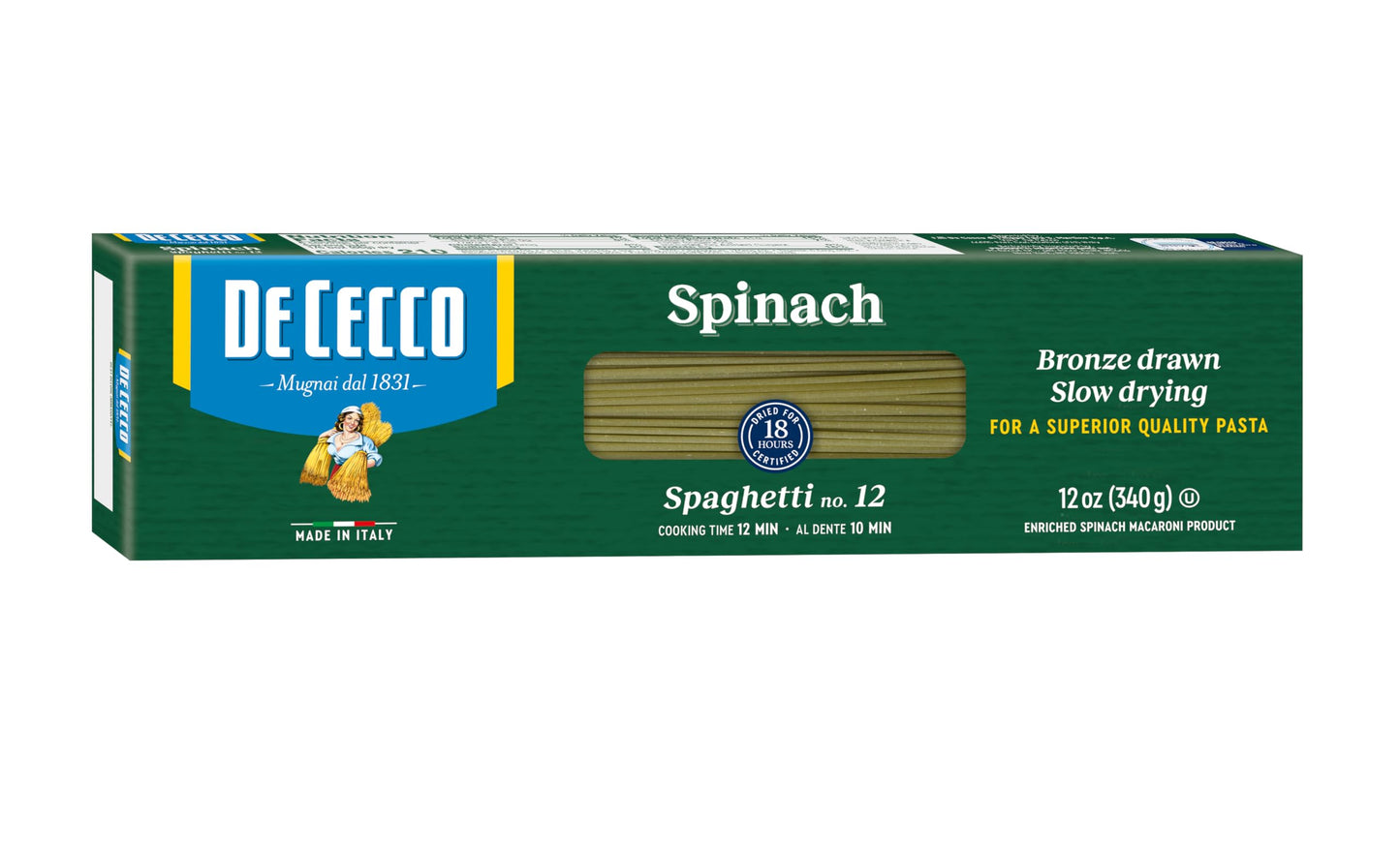 De Cecco Pasta, Spinach Spaghetti No.12, 12 OZ (Pack of 12) - Made in Italy, High in Protein & Iron, Bronze die