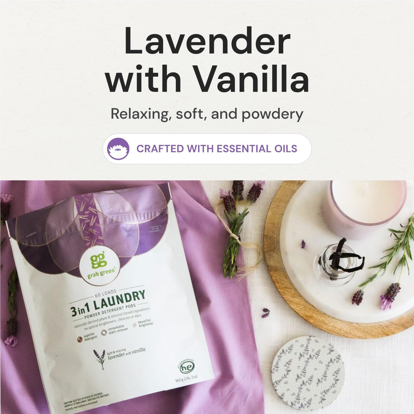 Grab Green Natural 3 in 1 Laundry Detergent Pods, Lavender + Vanilla-with Essential Oils, Organic Enzyme-Powered, Plant & Mineral-Based, White, 34 Oz