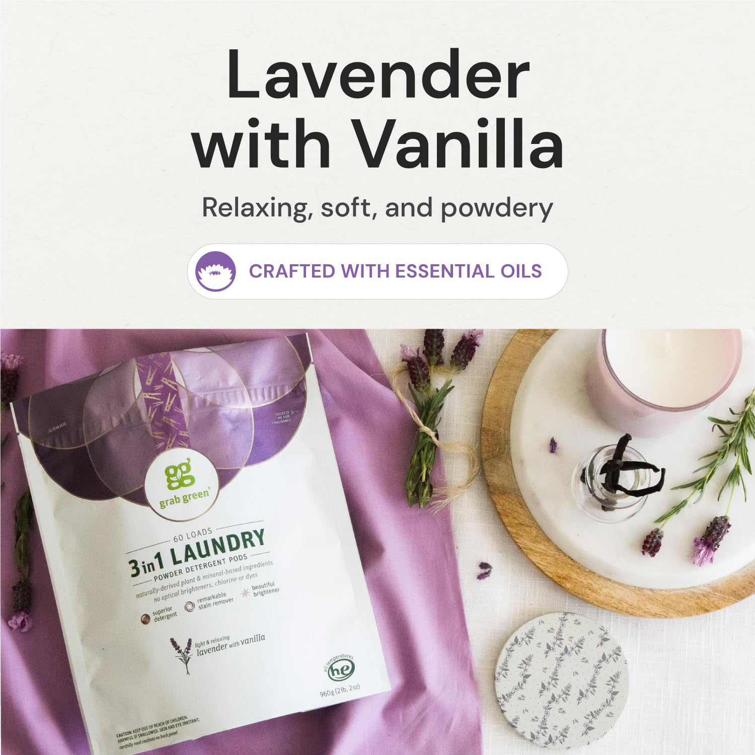 Grab Green Natural 3 in 1 Laundry Detergent Pods, Lavender + Vanilla-with Essential Oils, Organic Enzyme-Powered, Plant & Mineral-Based, White, 34 Oz