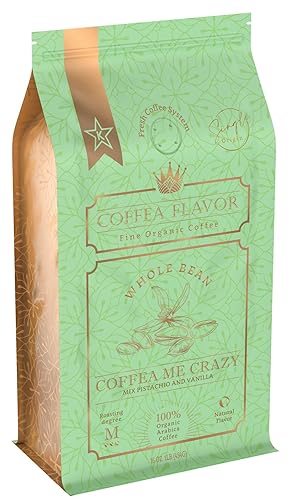 Coffea Me Crazy (Pistachio Vanilla) Flavored Whole Bean Coffee, Organic Medium Roast, Single Origin Dominican Arabica, Naturally Flavored, No Added