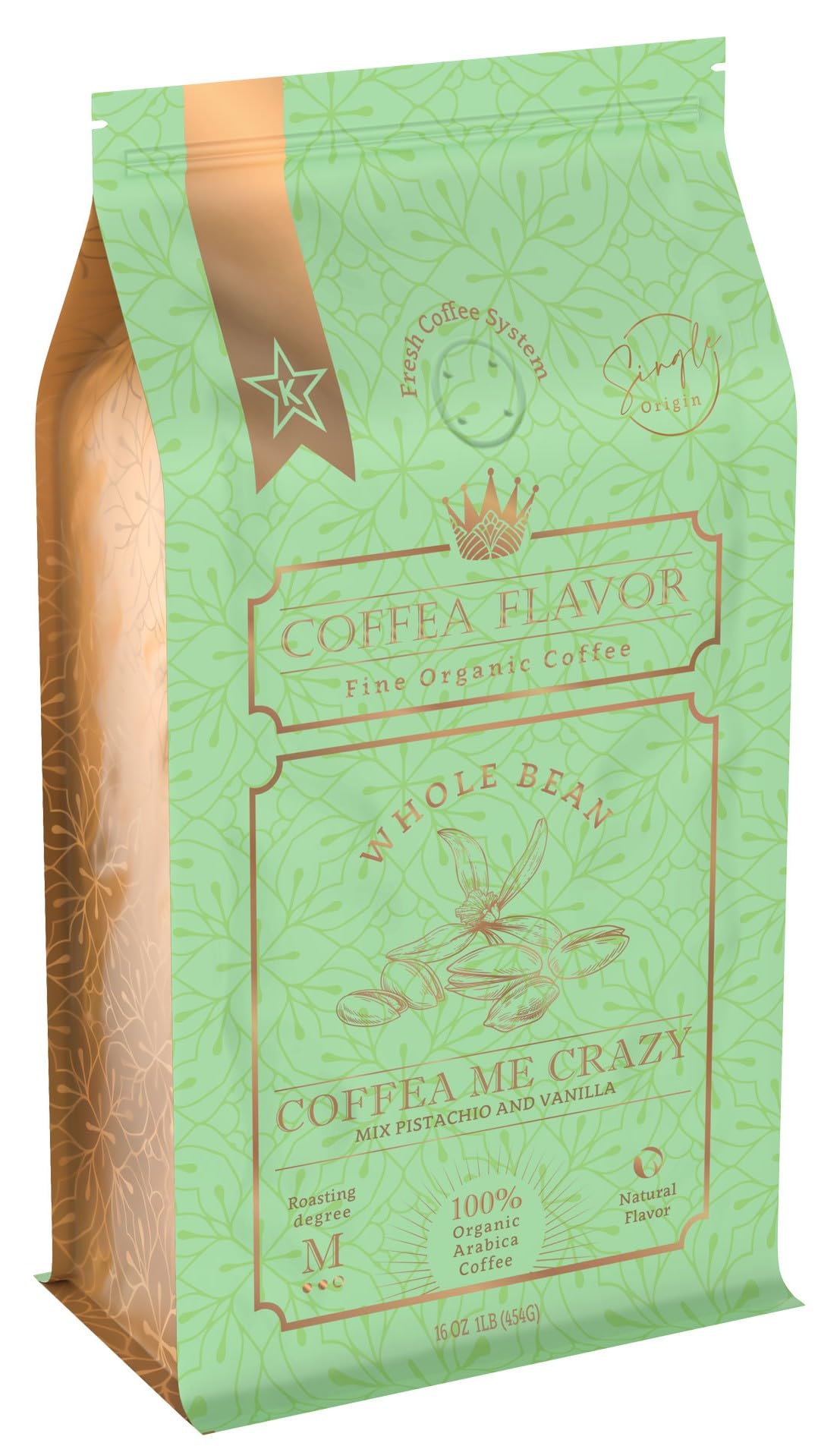 Coffea Me Crazy (Pistachio Vanilla) Flavored Whole Bean Coffee, Organic Medium Roast, Single Origin Dominican Arabica, Naturally Flavored, No Added