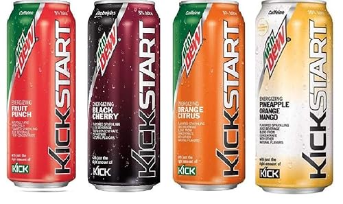 Kickstart Energy Drink Variety - Fruit Punch, Black Cherry, Orange Citrus, Pineapple Orange Mango 16 Fl Oz (Pack of 16)