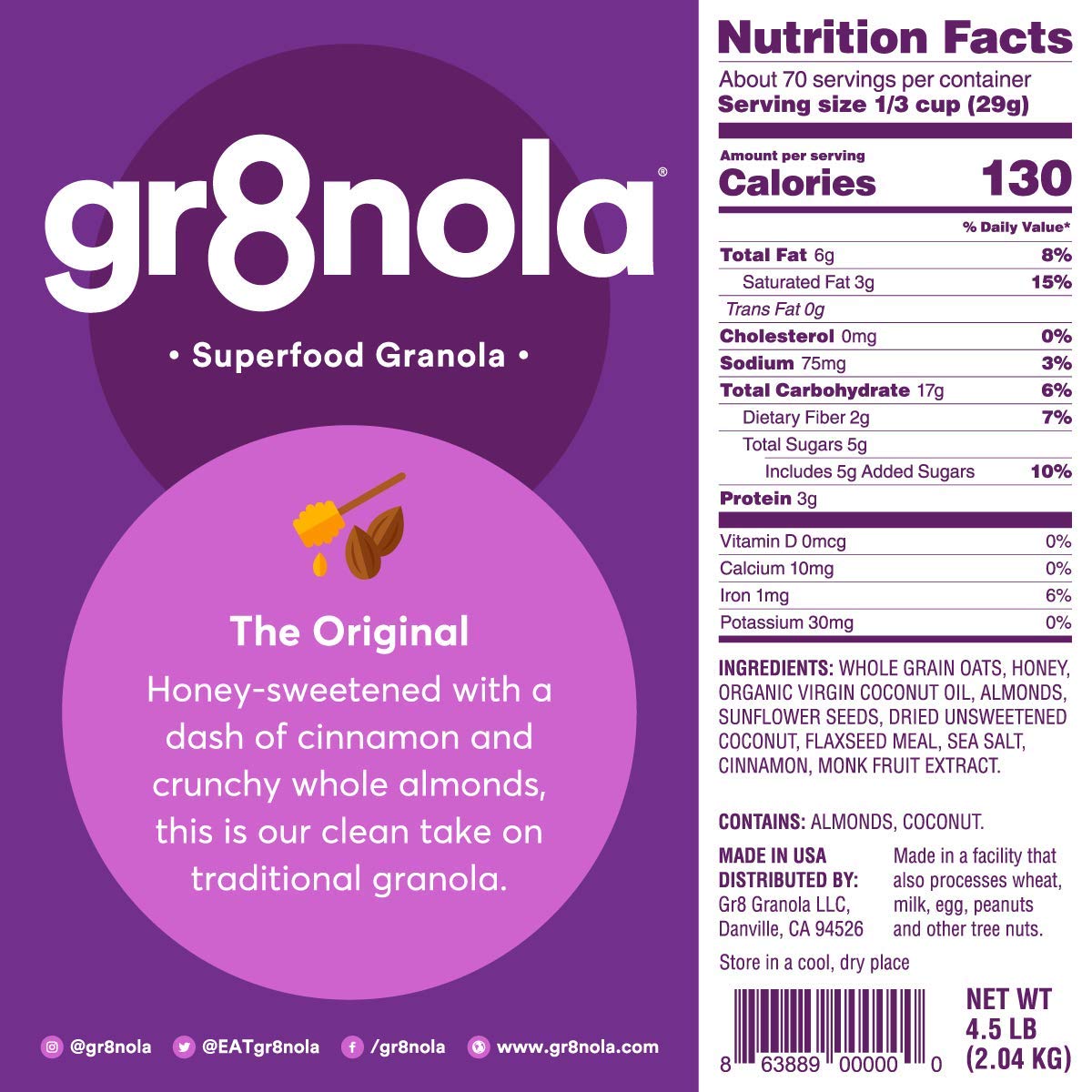 gr8nola THE ORIGINAL - Healthy, Low Sugar Bulk Granola Cereal - Made with Superfoods, Whole Almonds, Honey, Cinnamon and Flaxseed, Soy Free, Dairy