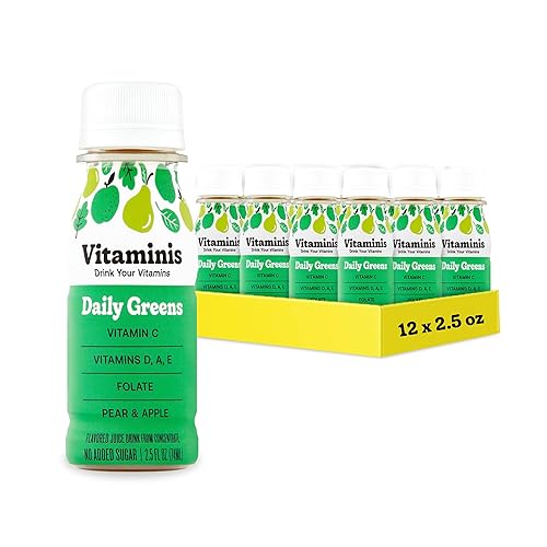 Vitaminis Daily Greens Drink - Apple Pear Juice with Vitamins C, D, A, E & Folate - No Added Sugar - Non-GMO - Gluten-Free - Shelf-Stable Mini Bottles