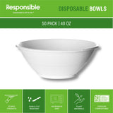 Responsible Products 40 oz Disposable Bowls I Tree-Less™ Compostable Molded Fiber Noodle Bowls I Extra Strength I No Added PFAS I Classic White (50