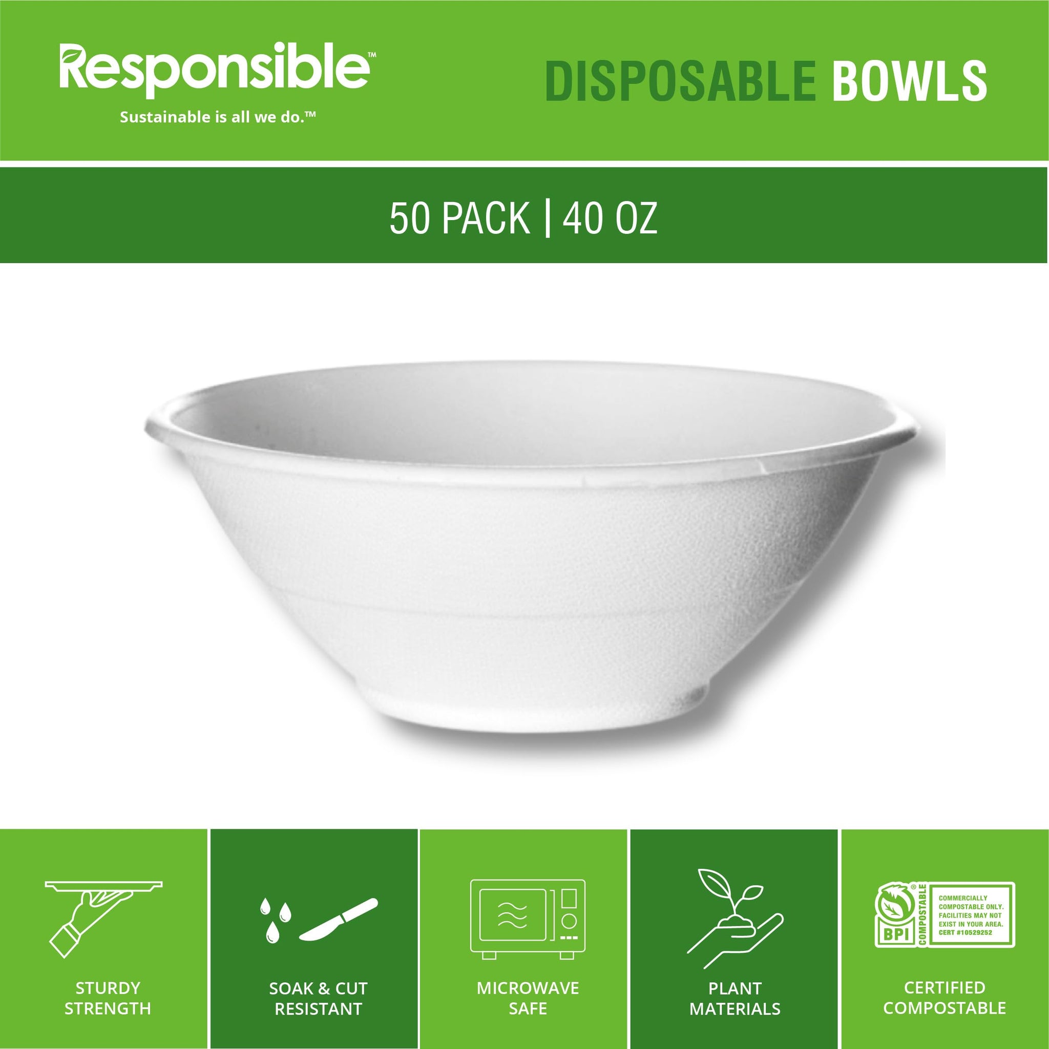 Responsible Products 40 oz Disposable Bowls I Tree-Less™ Compostable Molded Fiber Noodle Bowls I Extra Strength I No Added PFAS I Classic White (50