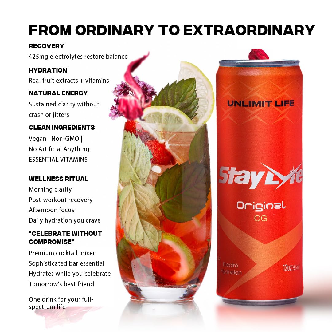 StayLyte Hibiscus Rush - Sparkling Carbonated Electrolyte Drinks, 3-in-1 Recovery Energy Hydration Drinks - Floral Hibiscus Flavor - 425mg