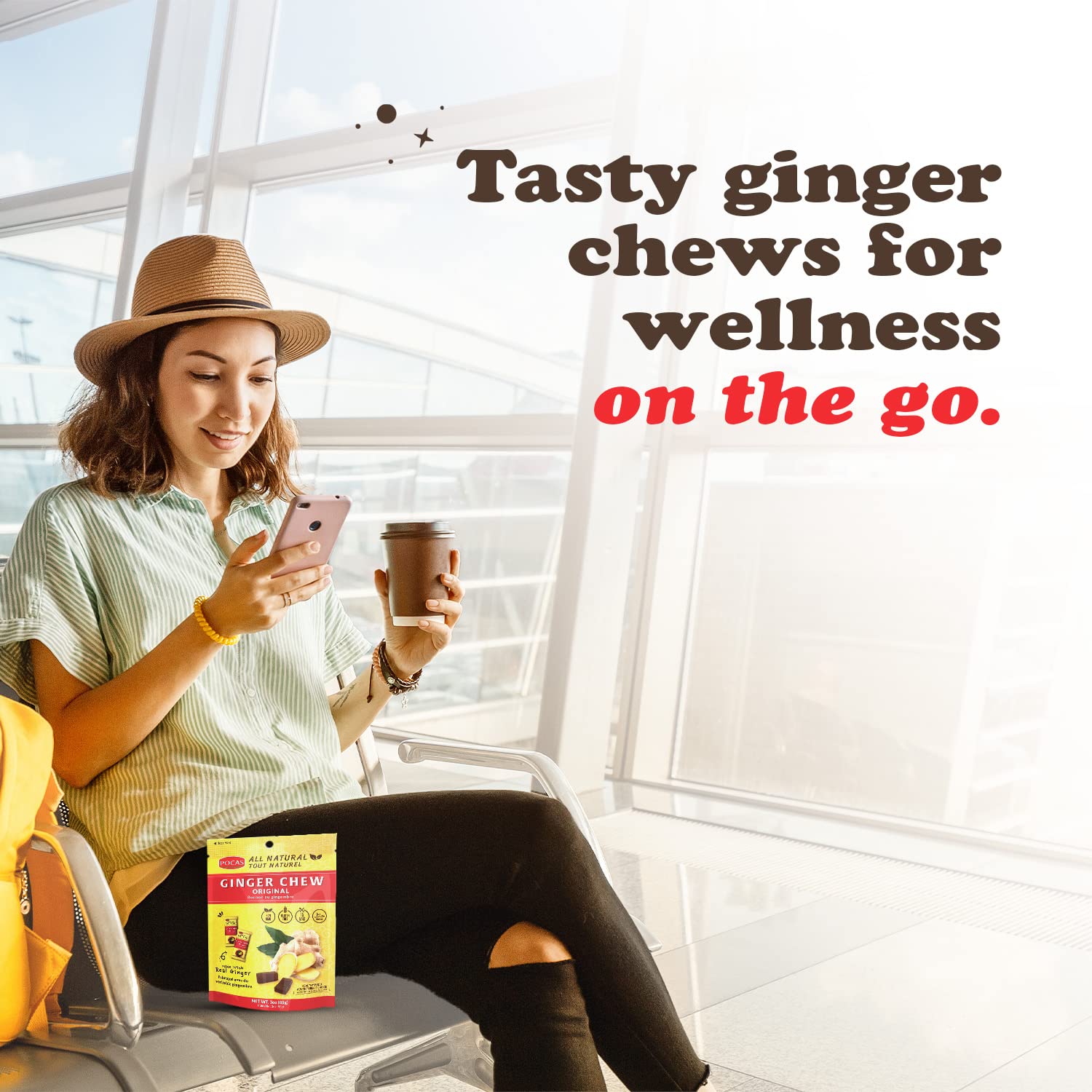Pocas Original Ginger Chews - Sweet and Zesty Ginger Chew, Individually Wrapped Low-Calorie Snacks, Ginger Candy Made with Pure Cane Sugar, 3 Oz Ea