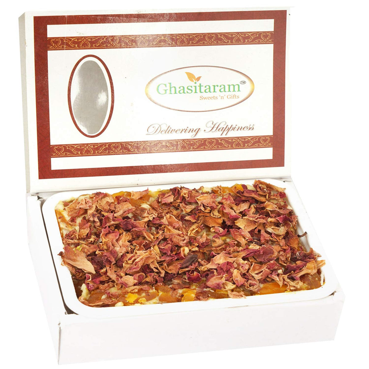 Ghasitaram Gifts Valentines Gift for Girlfriend/Boyfriend/Husband and Wife - Sweets - Mango Chocolate Rose Petal Mithai Cake