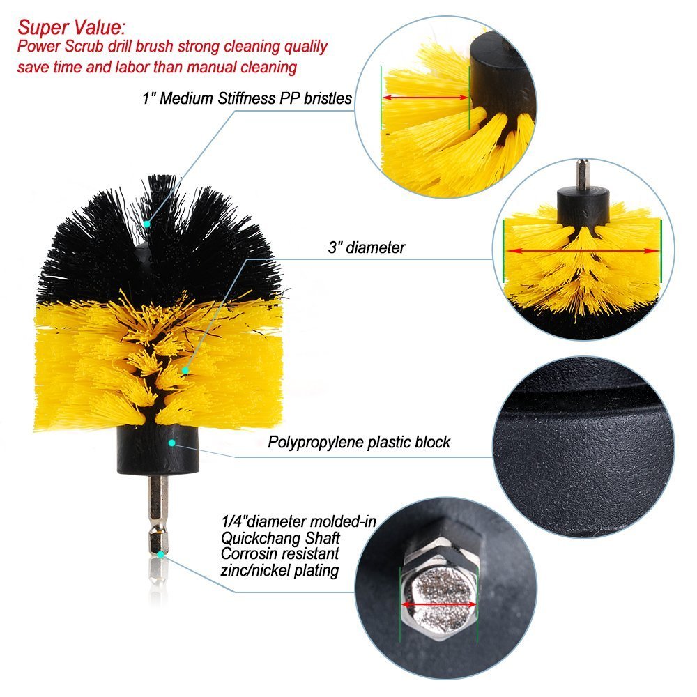 3 Piece Drill Brush Attachment Set - Soft, Medium and Yellow Round Brush Drill Brush for Cleaning by HUAWELL