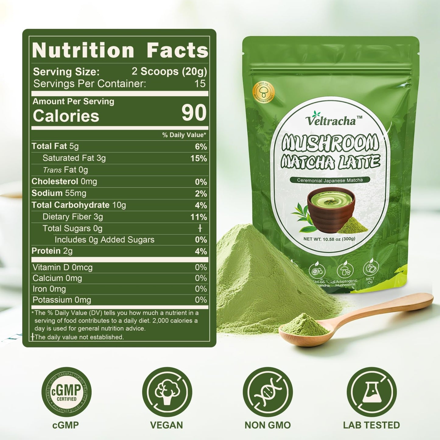 Veltracha Spirulina Mushroom Matcha, Japanese Ceremonial Grade Matcha with Ashwagandha, Adaptogenic Mushrooms Matcha Powder for Focus, Energy, Gut