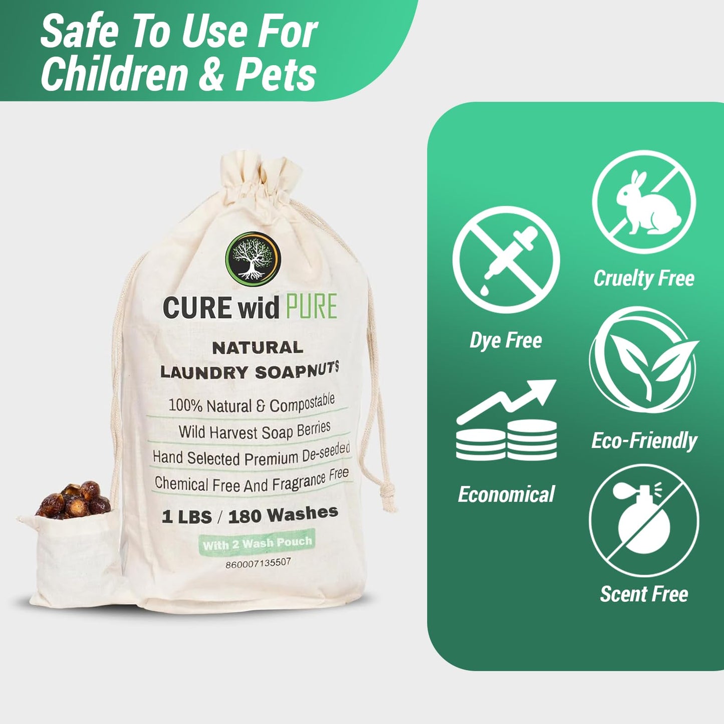 Cure With Pure Organic Soap Nuts Deseeded 1lb/450g With 1 Wash Bag Approx 180 Loads,Eco-friendly Soap Nuts Laundry Detergent,Chemical & Fragrance-free