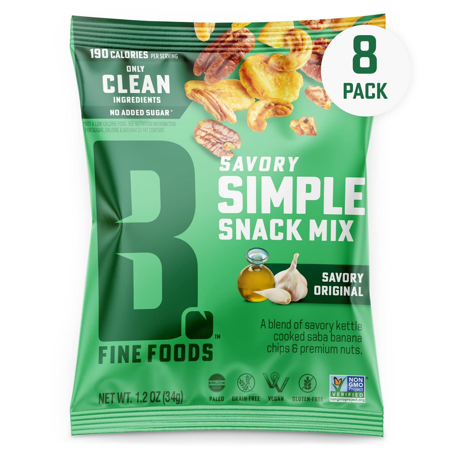 Bubba's Fine Foods Single-Serve Snack Mix, Savory Original (Pack of 8) Grain-Free, Gluten-Free, Vegan, Paleo, Dairy Free and Certified Non-GMO
