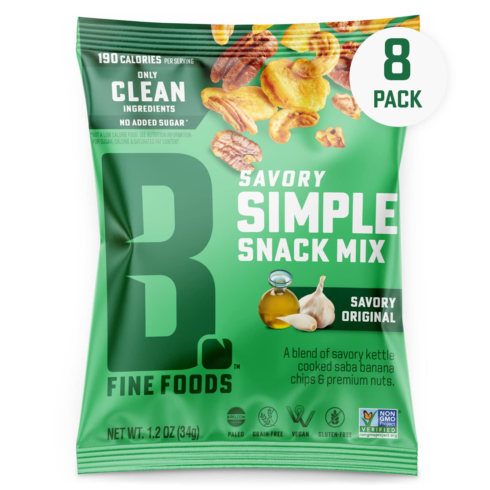 Bubba's Fine Foods Single-Serve Snack Mix, Savory Original (Pack of 8) Grain-Free, Gluten-Free, Vegan, Paleo, Dairy Free and Certified Non-GMO