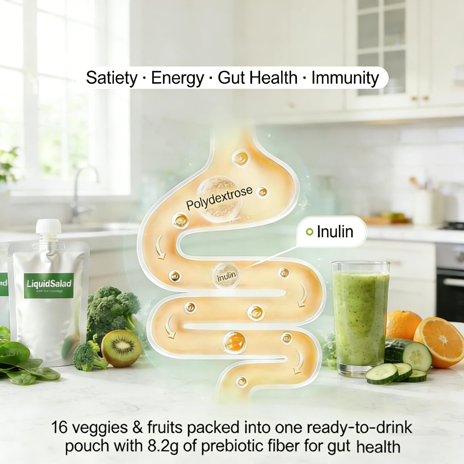 Liquid Salad High Fiber Veggie Pouches, Superfood Smoothie with Prebiotic & 16 Fruits & Vegetables, Convenient Ready-to-Eat Juice for Gut Health