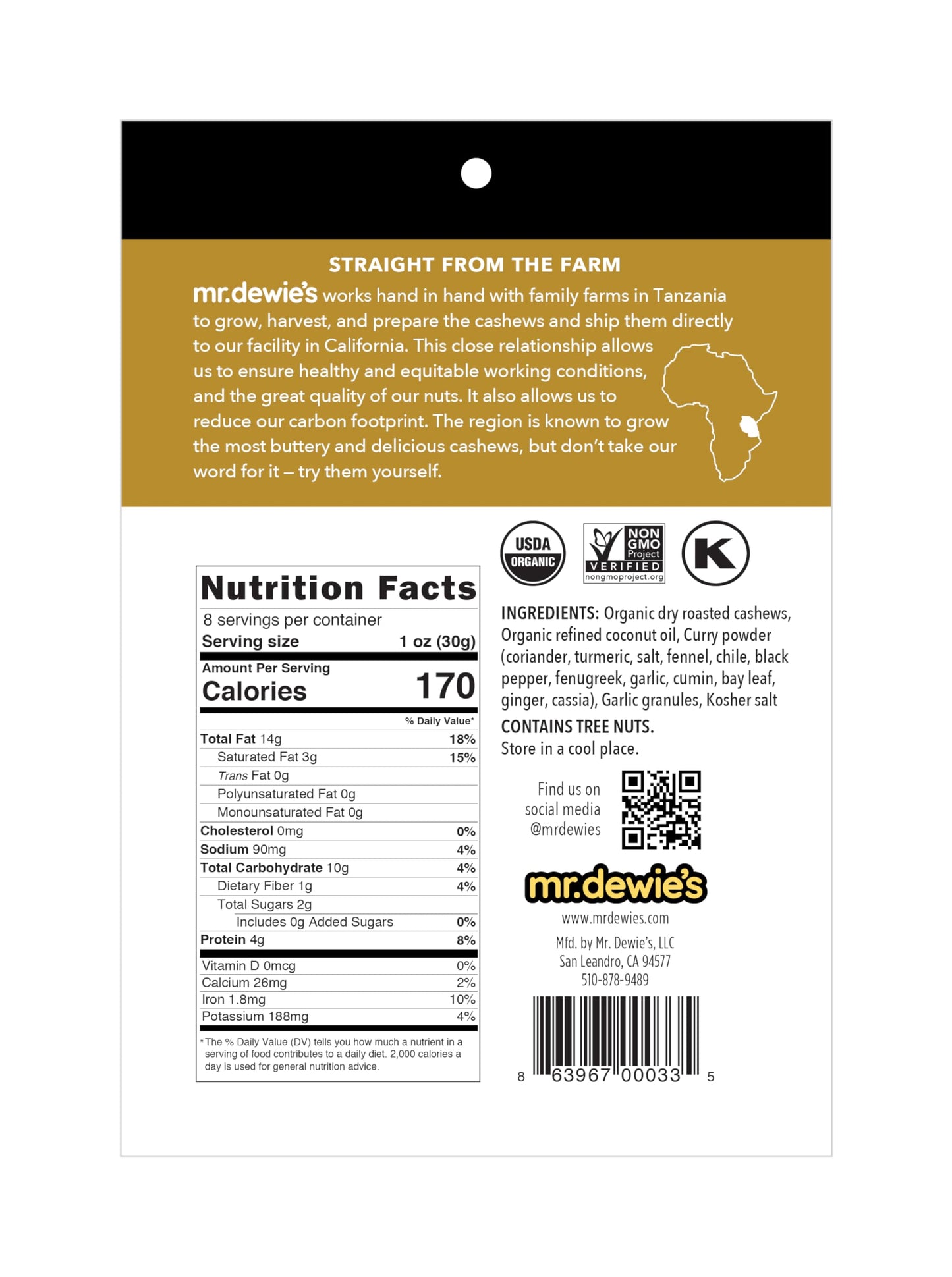 Mr. Dewie's Uniquely Flavored Whole Organic Roasted Cashews (Curry Garlic) - 8oz bag