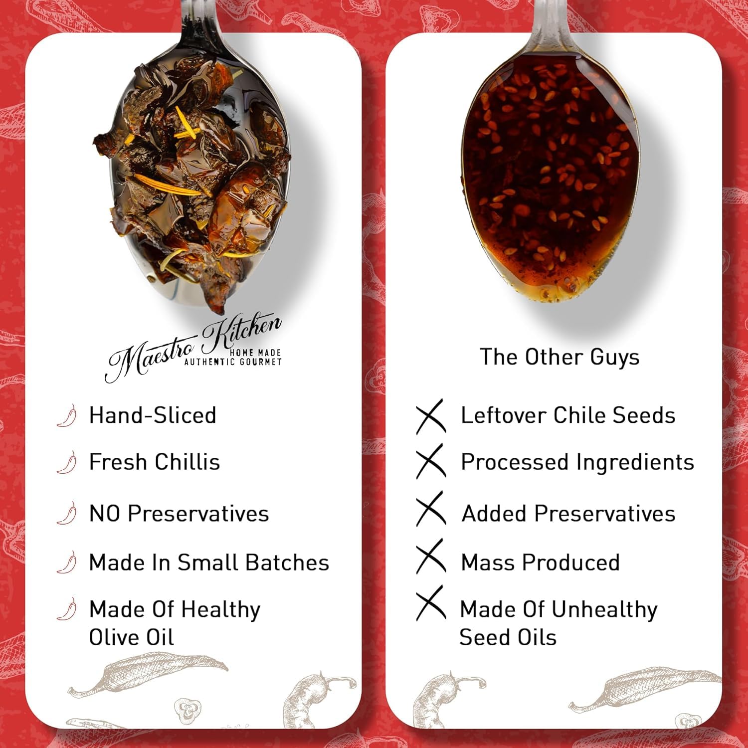MAESTRO KITCHEN Serrano and Jalapeno Chile Crunch in 100% Olive Oil | Artisan Chili Crisp spicy topping for Thai, Seasoning, Eggs, Taco, Pasta, Snacks