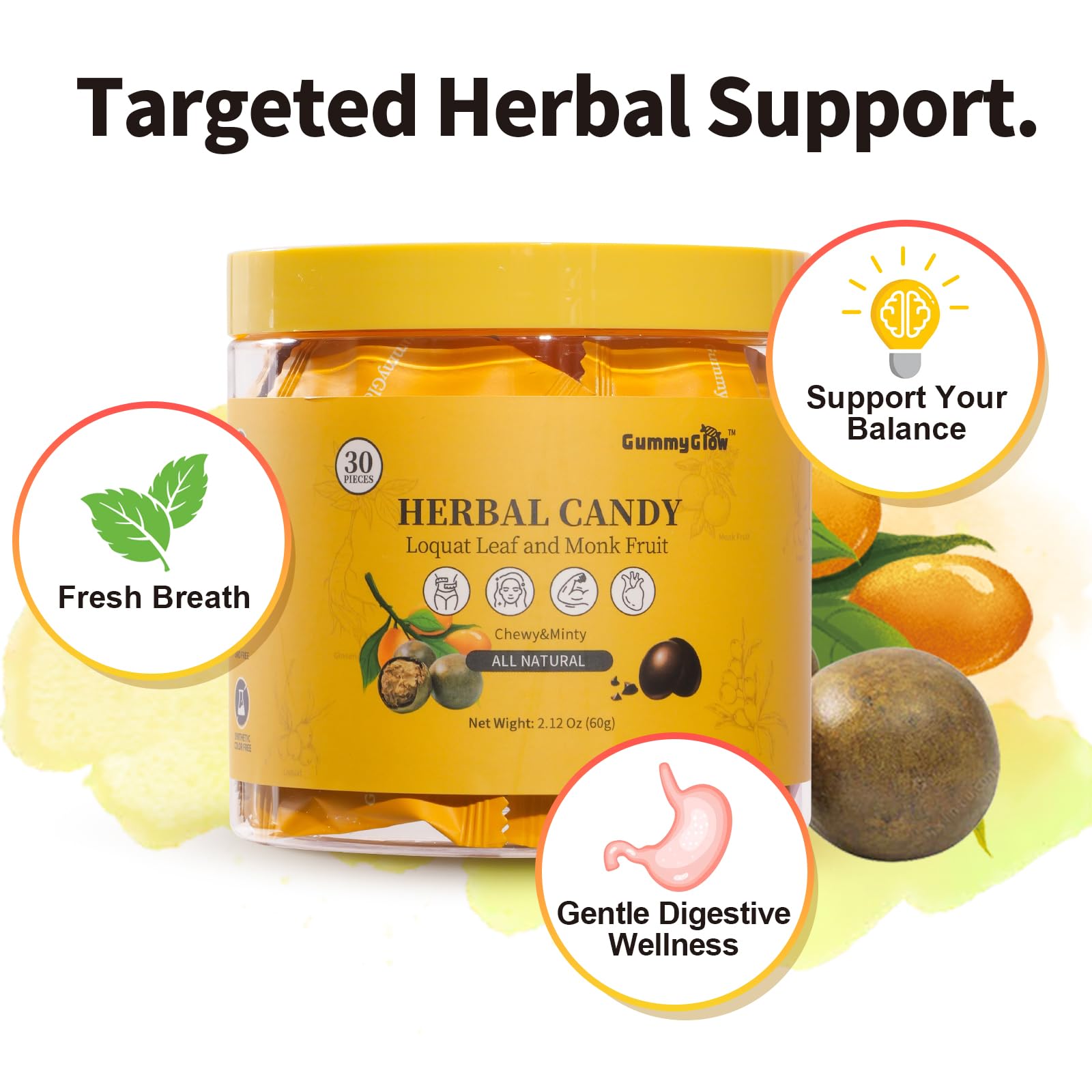 Gummy Glow All-Natural Herbal Hard Candy with Loquat & Monk Fruit, Supports Throat Comfort & Fresh Breath, Sugar-Free Cooling & Chewy Candy