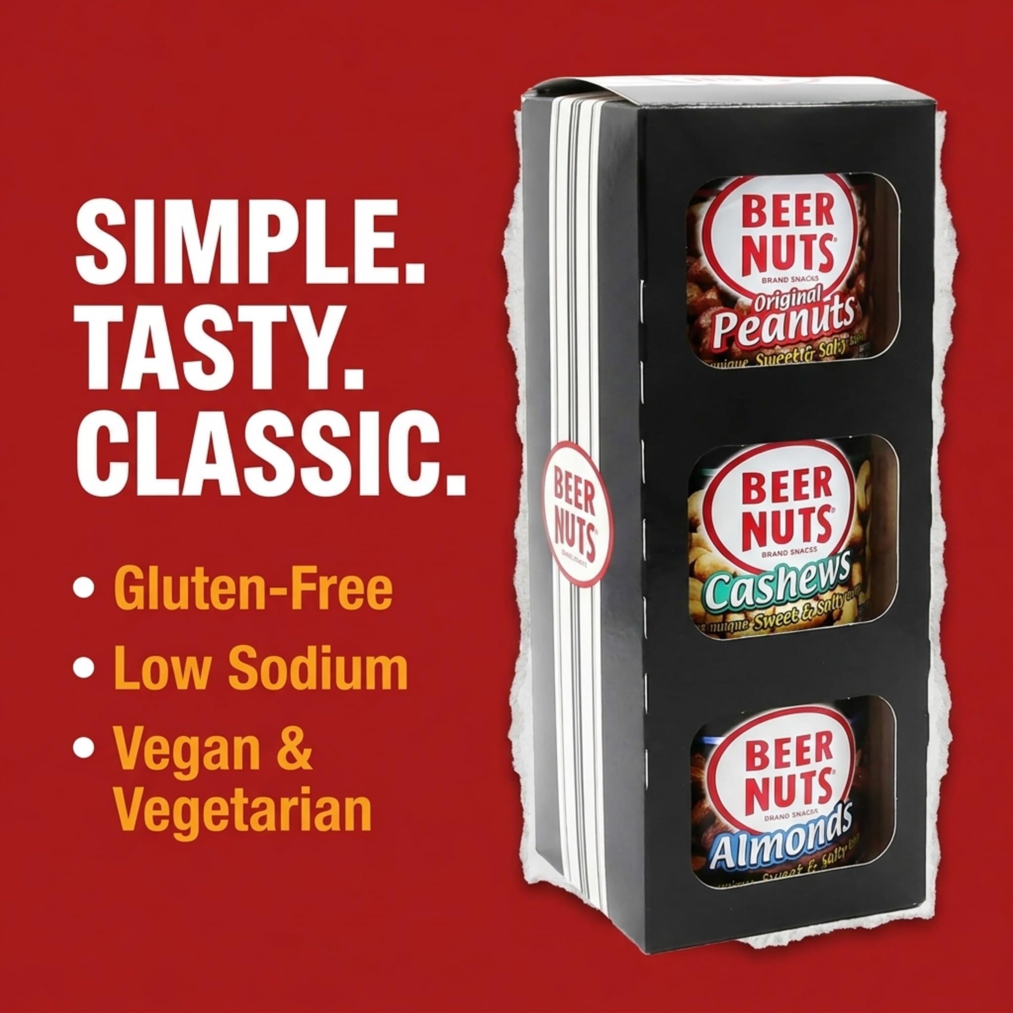 BEER NUTS The Nuts Nutstack Trio - Original Peanuts, Cashews and Mixed Nuts - Travel Size Sweet & Salty Bar Nuts - Gluten Free, Kosher, Low Sodium