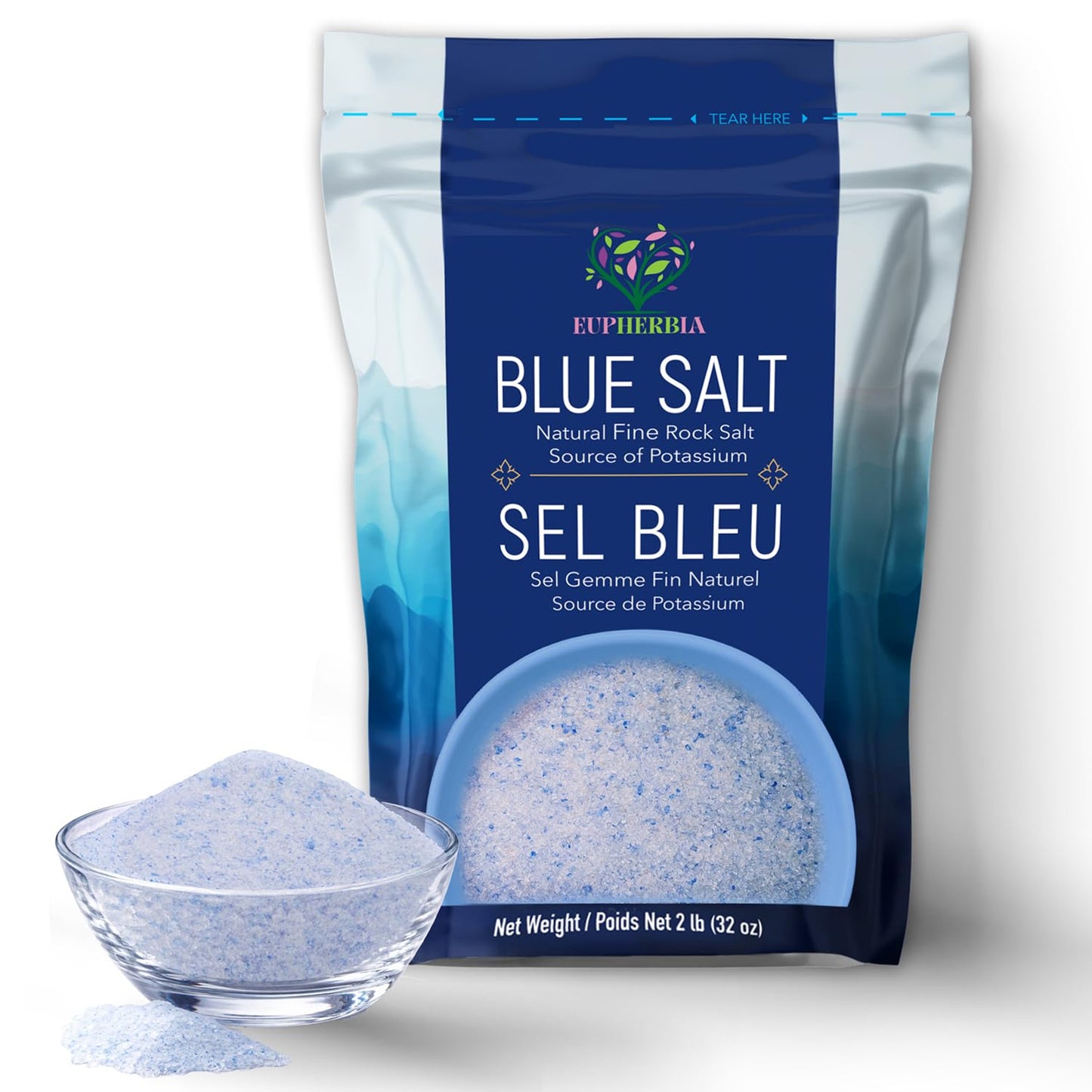 EUPHERBIA Blue Salt, Fine Grind, Rare Mineral Salt, High Potassium, Lower Sodium, Natural, Unprocessed, Hand Harvested, Kosher Certified (2lb Fine