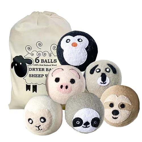 KALWEL 6 PCS Animal Wool Dryer Balls - Reusable Fabric Softener Dispenser Balls, Natural Downy Felt Drying Balls for Laundry (Cute Animal Shapes)