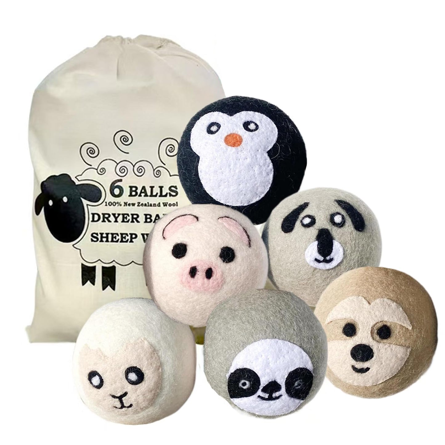 KALWEL 6 PCS Animal Wool Dryer Balls - Reusable Fabric Softener Dispenser Balls, Natural Downy Felt Drying Balls for Laundry (Cute Animal Shapes)