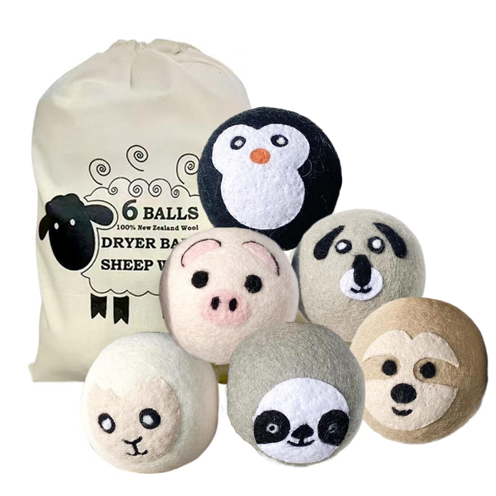 KALWEL 6 PCS Animal Wool Dryer Balls - Reusable Fabric Softener Dispenser Balls, Natural Downy Felt Drying Balls for Laundry (Cute Animal Shapes)