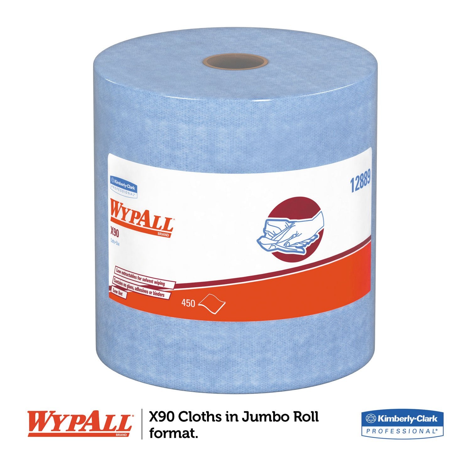 X90 Cloths, Jumbo Roll, 11 1/10 x 13 2/5, Denim Blue, 450/Roll, 1 Roll/Carton