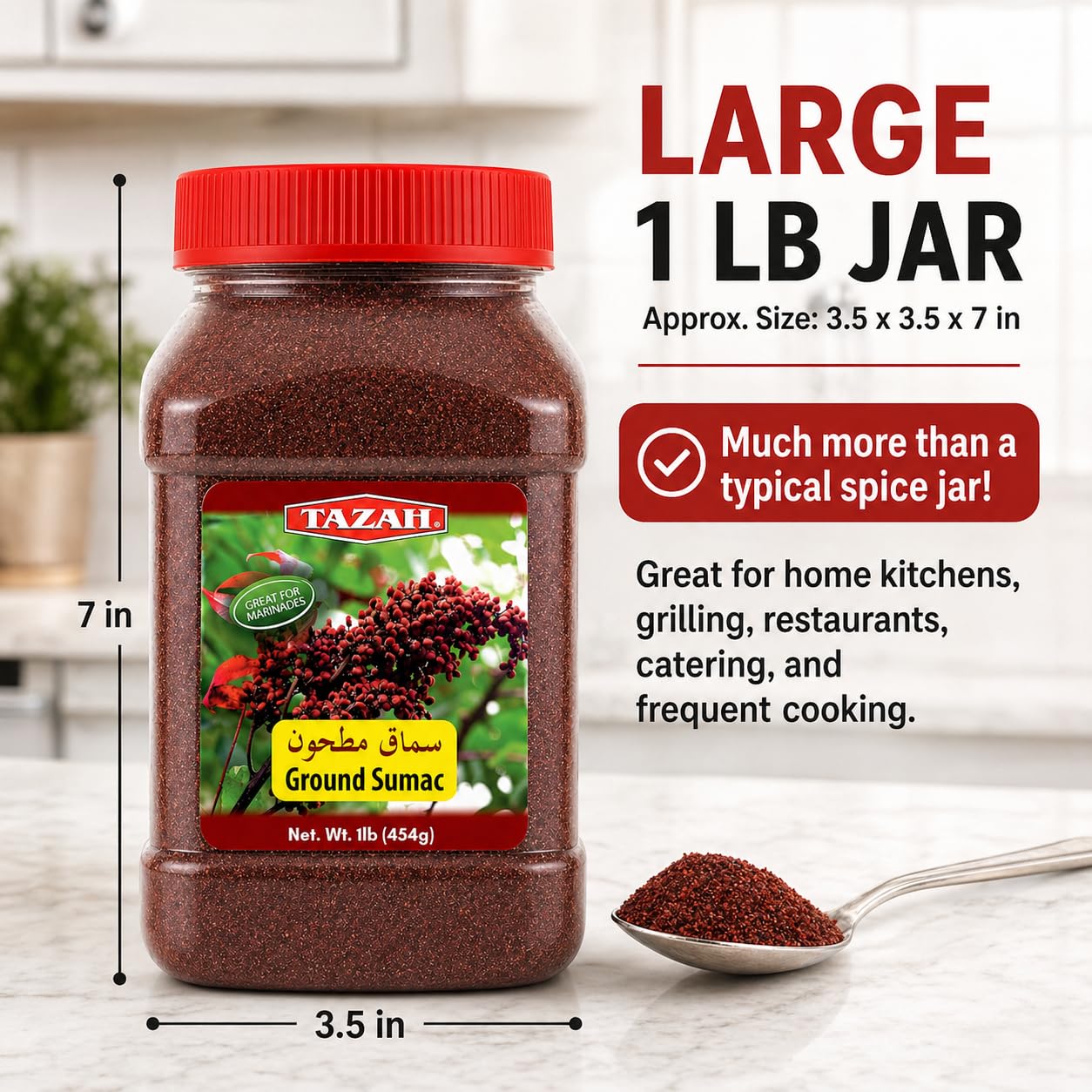 Tazah Sumac Spice 1 lb, Ground Sumac Seasoning from Jordan, Tangy Middle Eastern Spice for Mediterranean Cooking, Marinades, Kabobs, Salads and Hummus